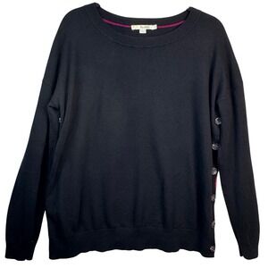 Boden Sweater Top Large Black Wool Cotton Blend Crew Neck Button Detail